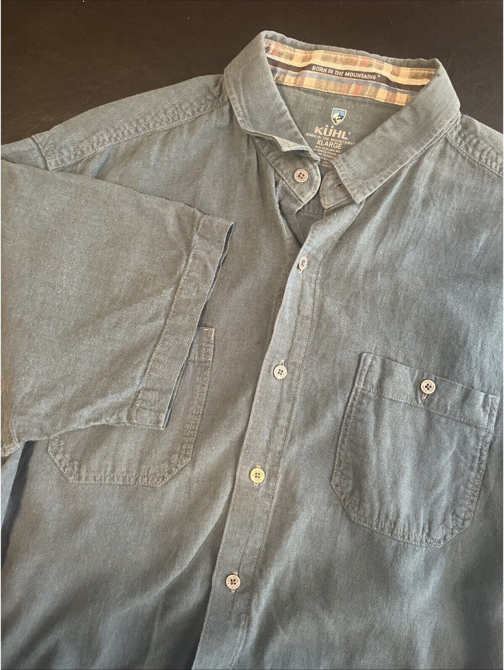 KUHL Born In The Mountains Mens XL Short Sleeve Button-Up Shirt Solid Blue Gray